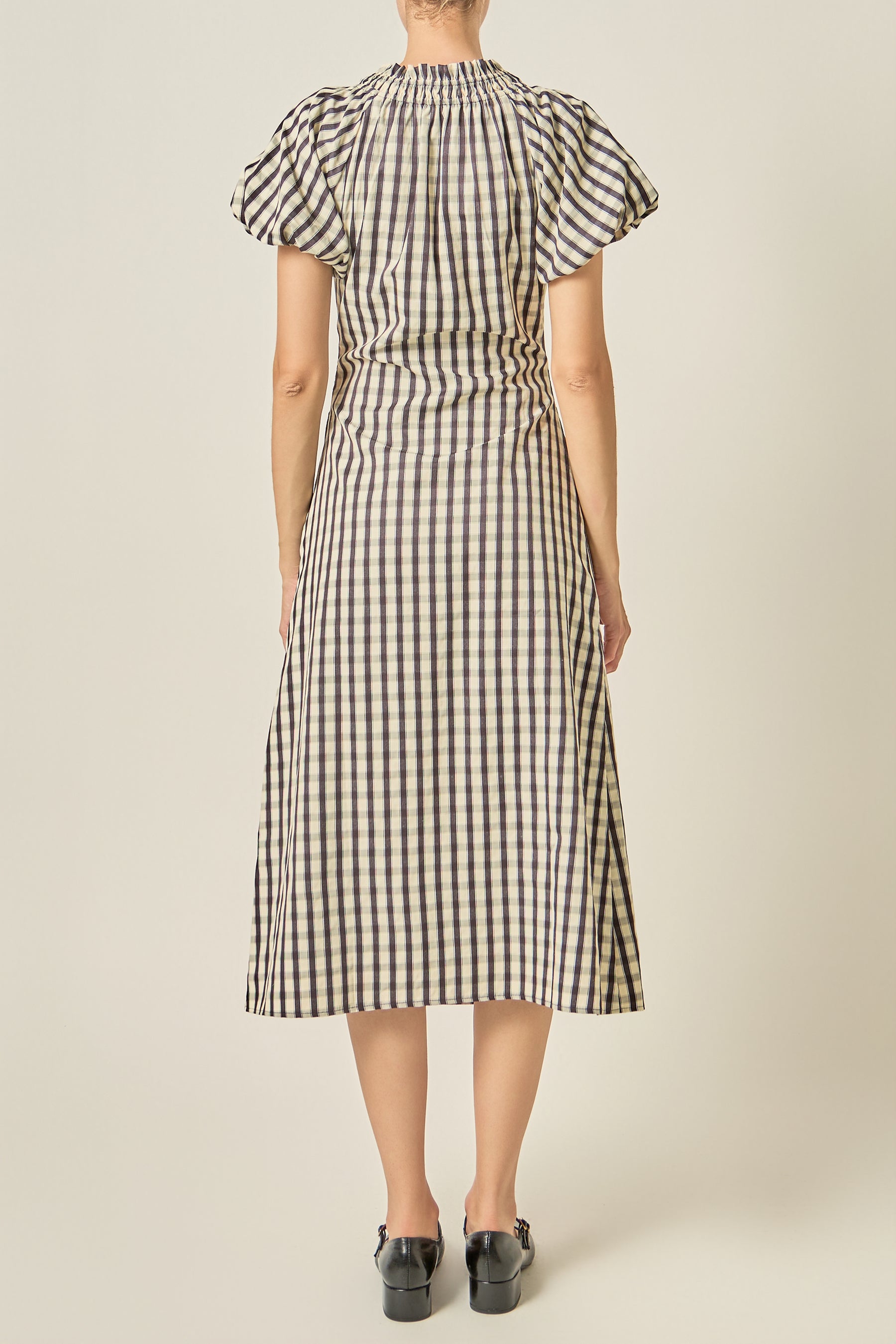 Smocked Neck Gingham Midi Dress