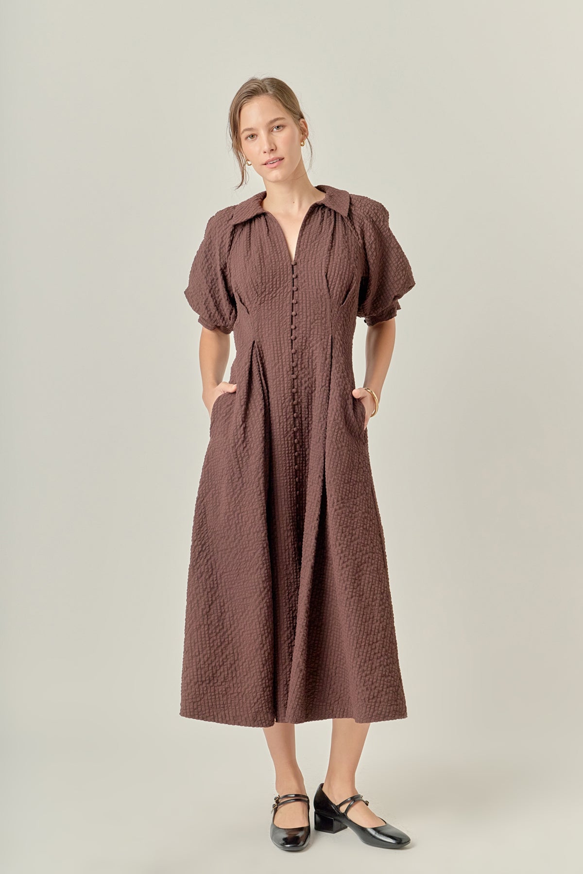 Puff Sleeve Shirt Midi Dress