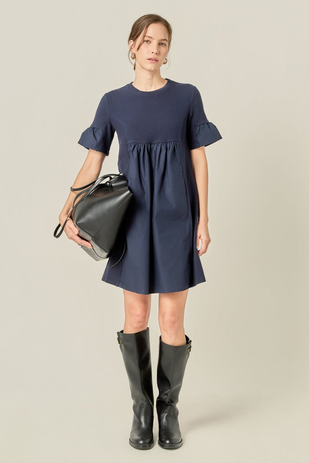 Mixed Media Ruffled Short-Sleeve Mini Dress