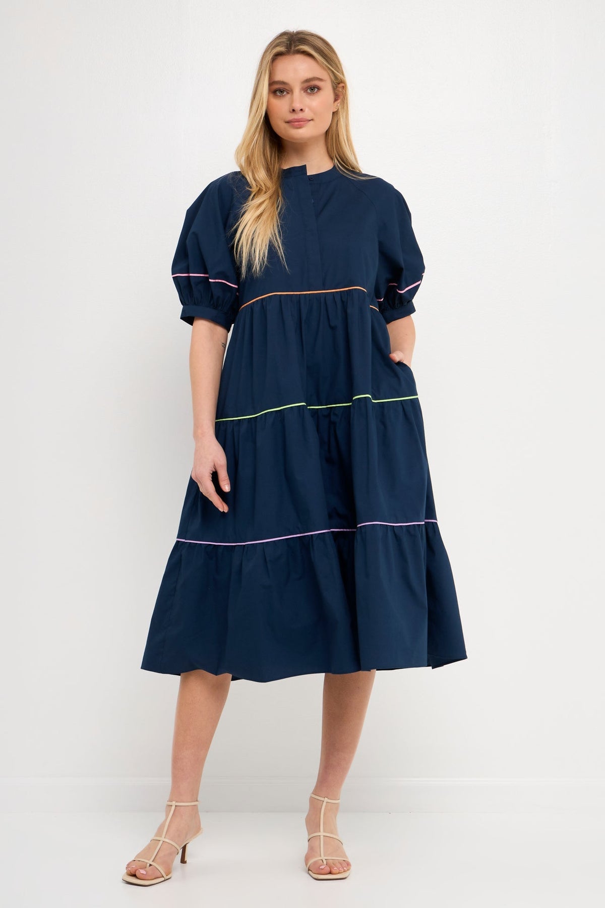 ENGLISH FACTORY - Short Puff Sleeve Dress Piping Detail - DRESSES available at Objectrare