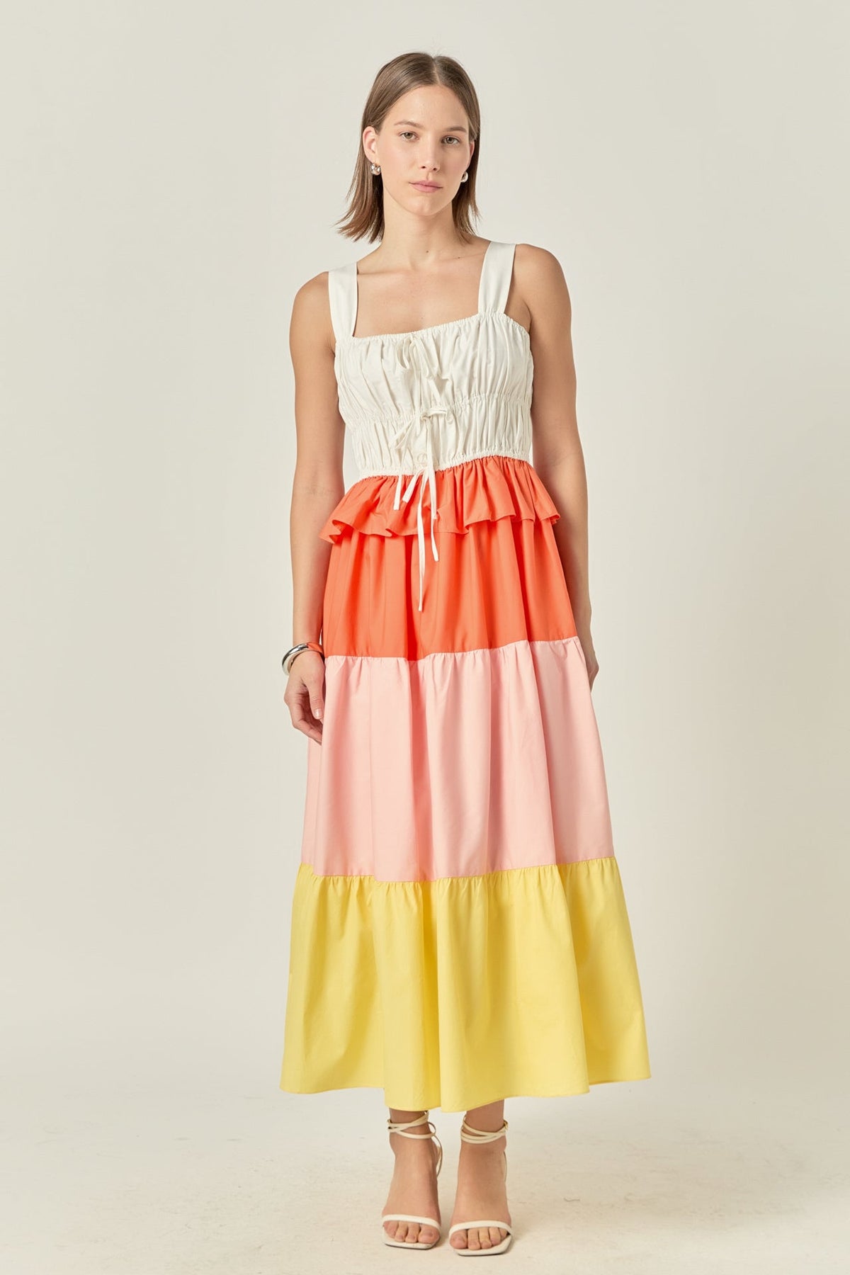 Color Block Tied Detail Shirring Dress