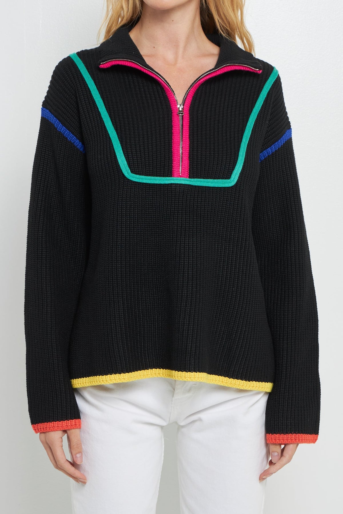 ENGLISH FACTORY - Contrast Piping Quarter-Zip Sweater - SWEATERS & KNITS available at Objectrare